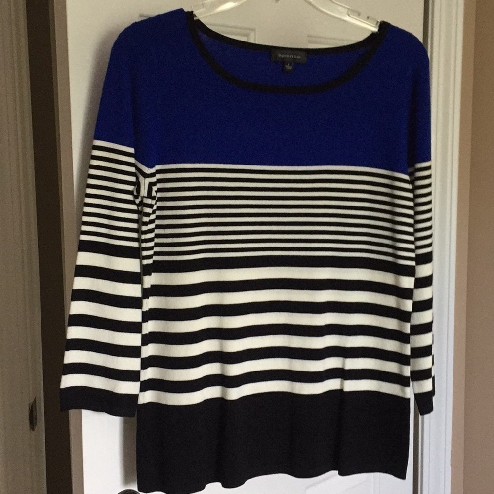 Spense Knit Top Women Size S Blue Black White Stripes Business Timeless Classic - Picture 6 of 11